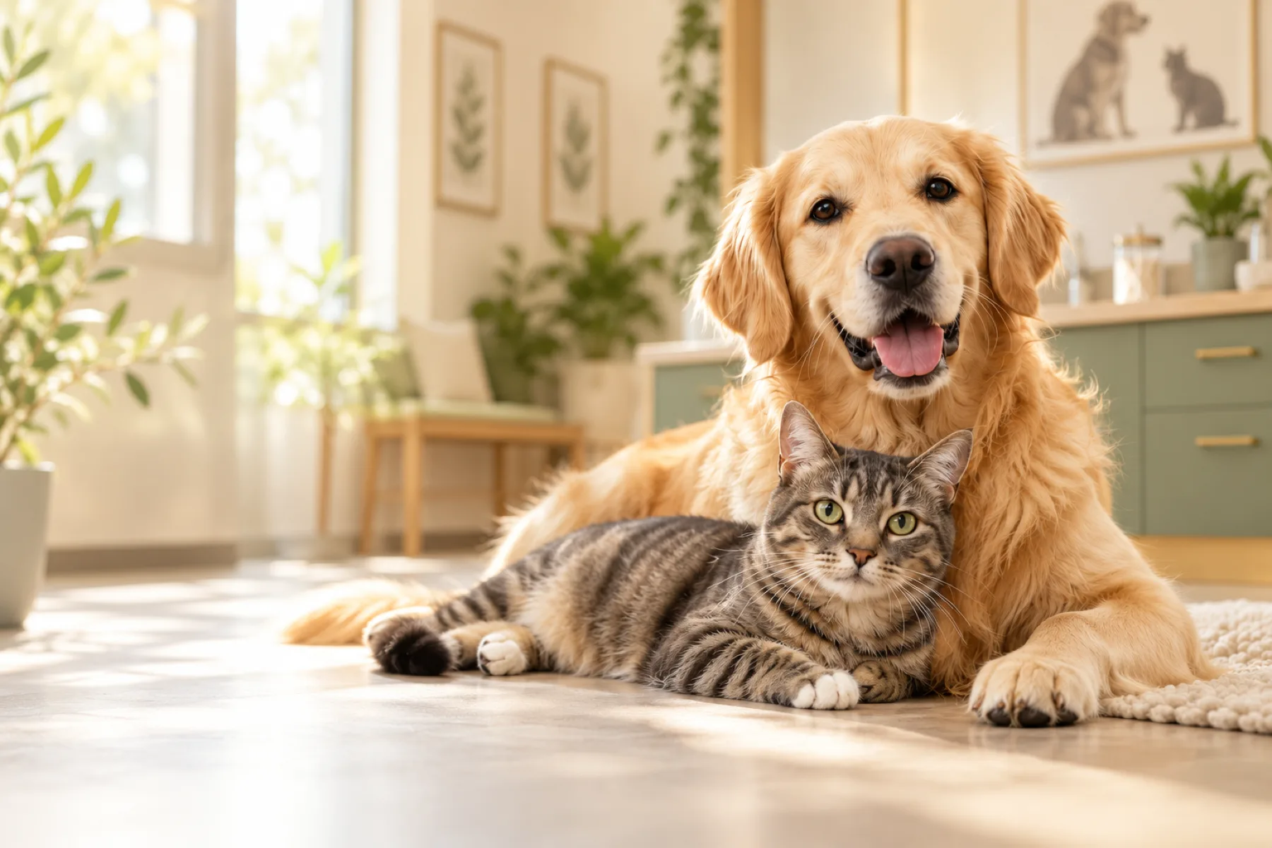 Hund und Katze in einer freundlichen Tierarztpraxis